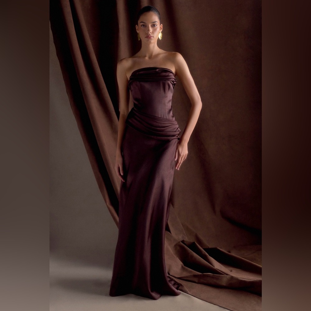 MESHKI Jasmine Strapless Satin Maxi Dress - Chocolate Brown